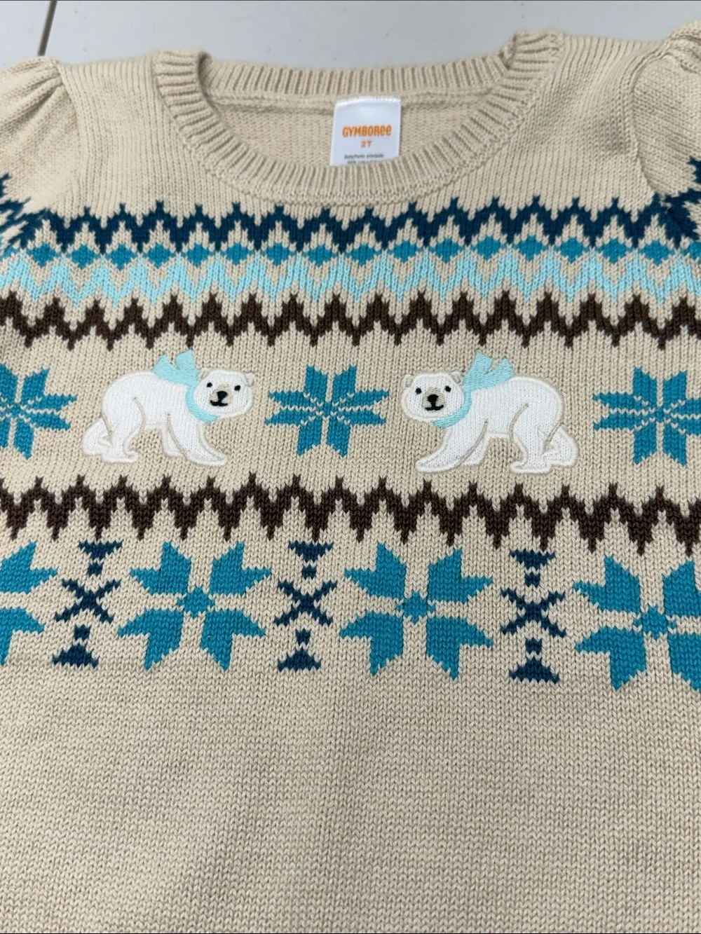Gymboree Cream Fair Isle Polar Bear Knit Sweater with Teal Accents. NWT